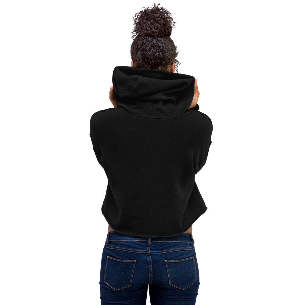 Stylish women's black cropped hoodie - OOHdaLAA Crop Top Hoodie, back view.
