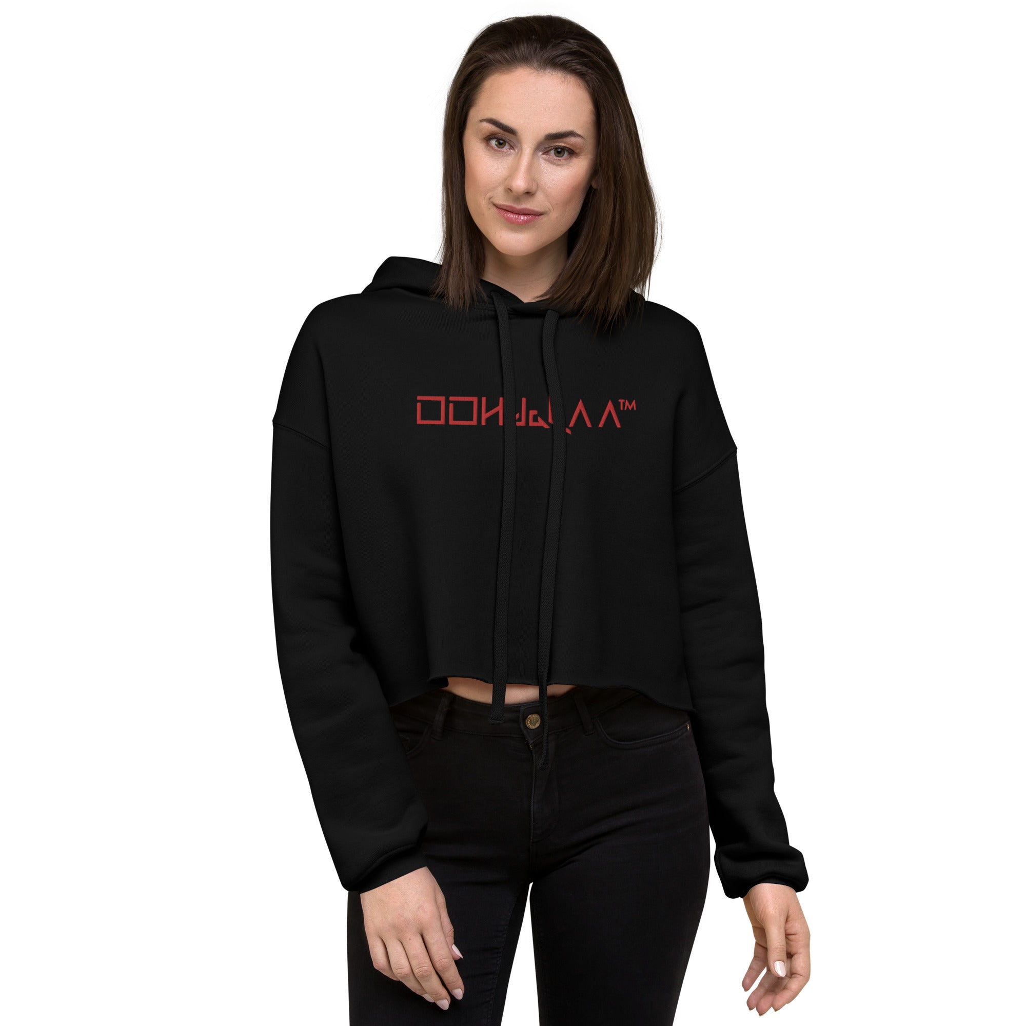 Stylish women's black cropped hoodie - OOHdaLAA Crop Top Hoodie, front view.