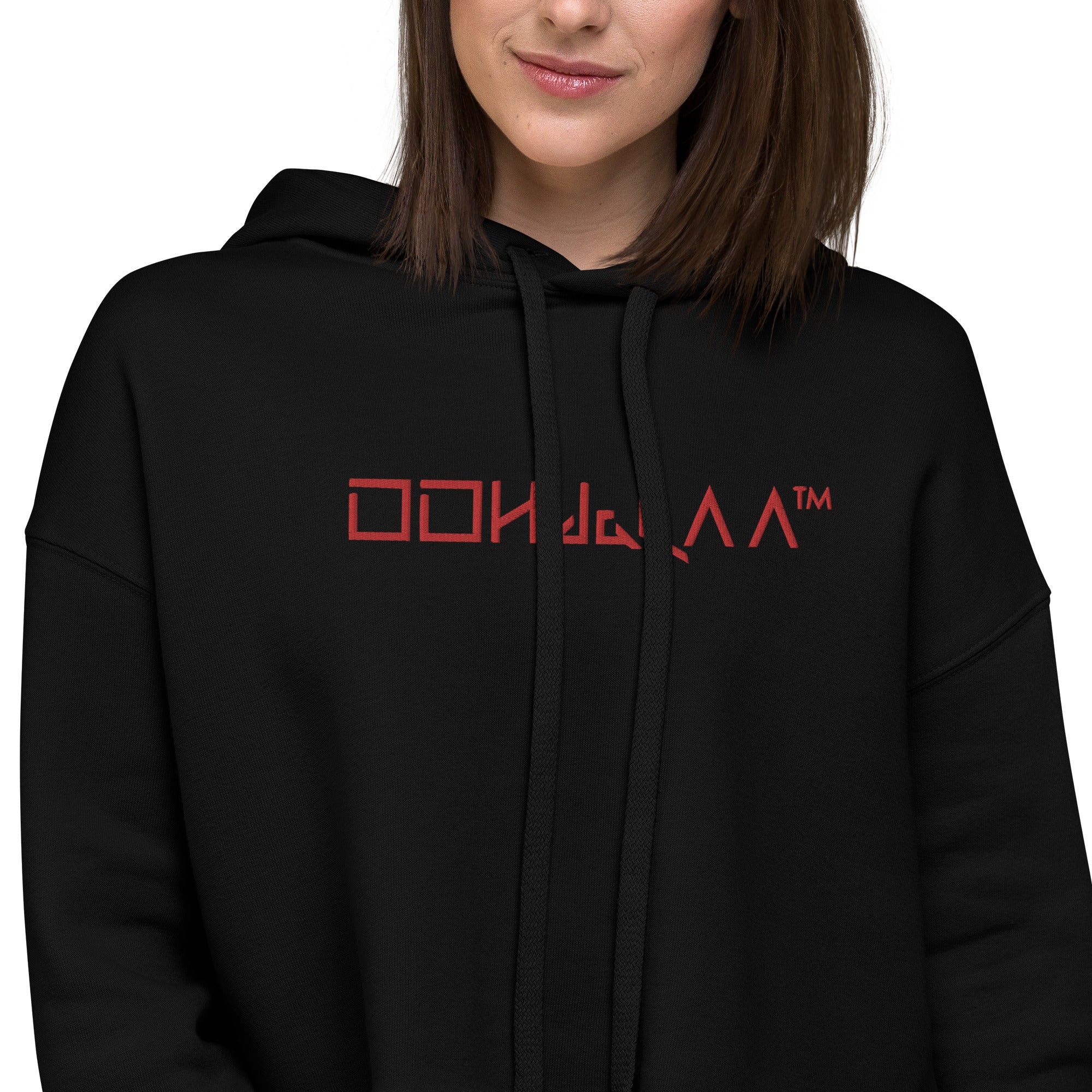 Stylish women's black cropped hoodie - OOHdaLAA Crop Top Hoodie, zoomed on